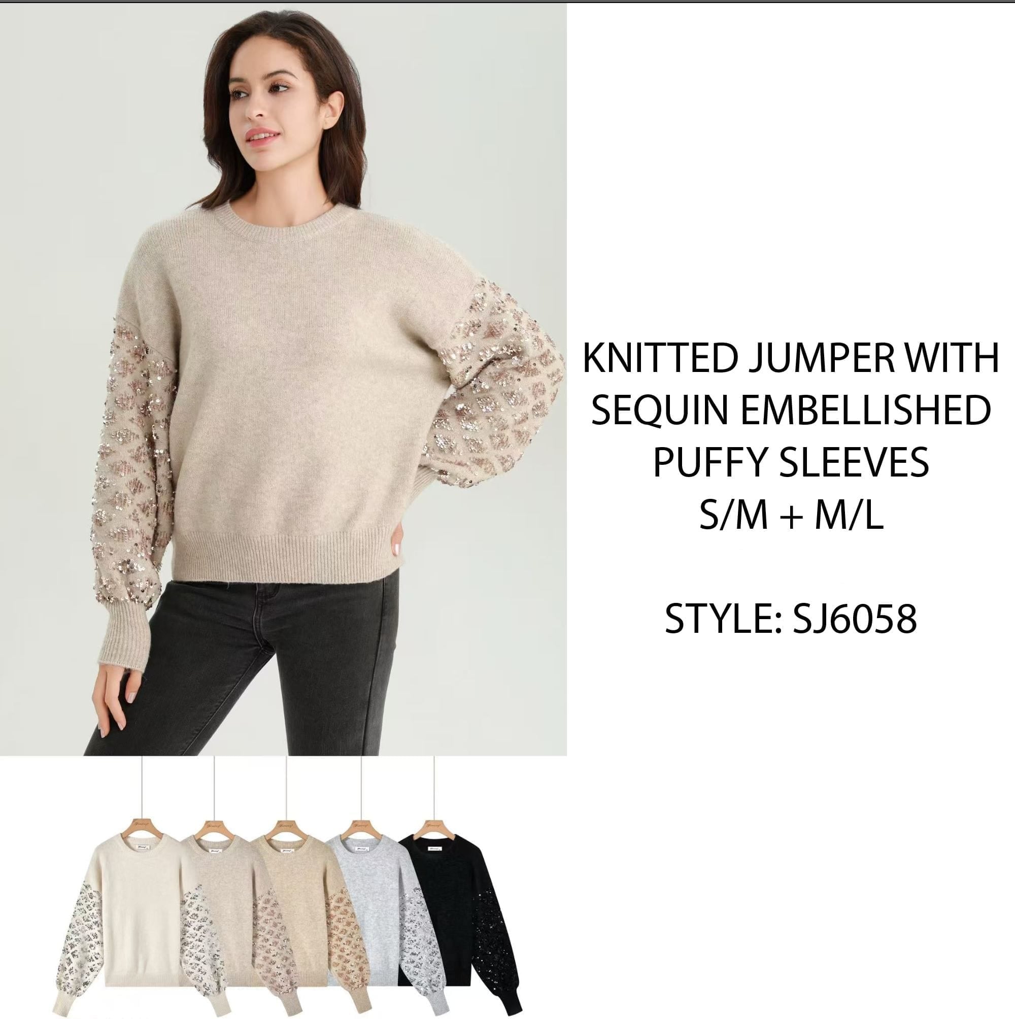 Knitted Jumper with Sequin Embellished Puffy Sleeves